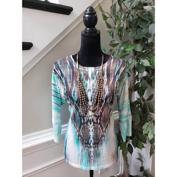 New Directions Blouse Women Medium Multicolor Teal Brown Abstract Print Top - Picture 1 of 11